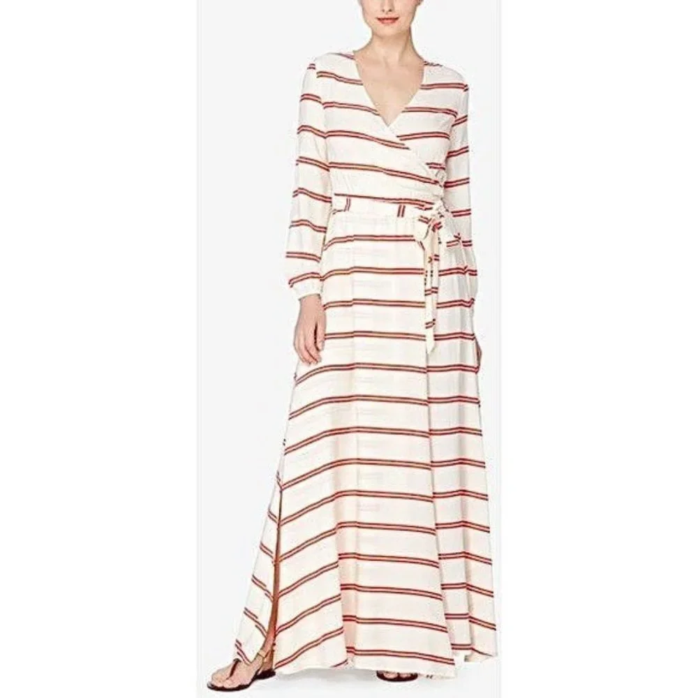 Catherine Malandrino faux wrap maxi dress cover up long sleeve striped city - Picture 1 of 8